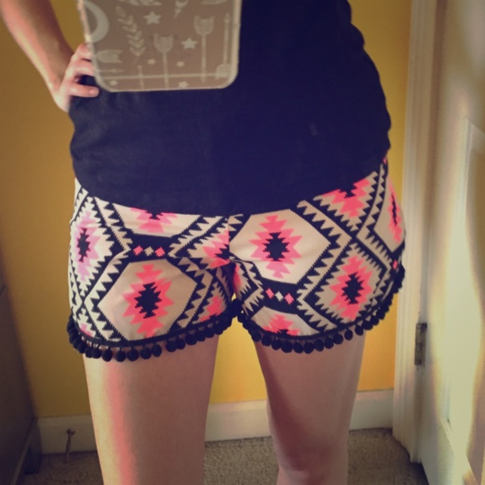 Neon Pink and Black Pompom Shorts - Medium